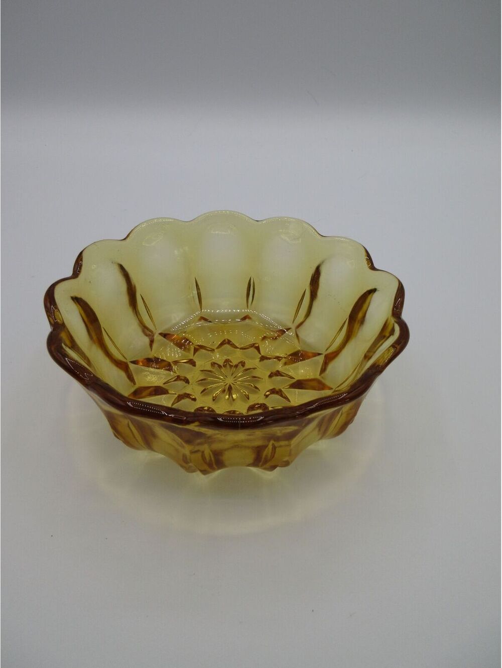 151. Vintage Amber Pressed Glass Scalloped Bowl Starburst Floral Candy Dish